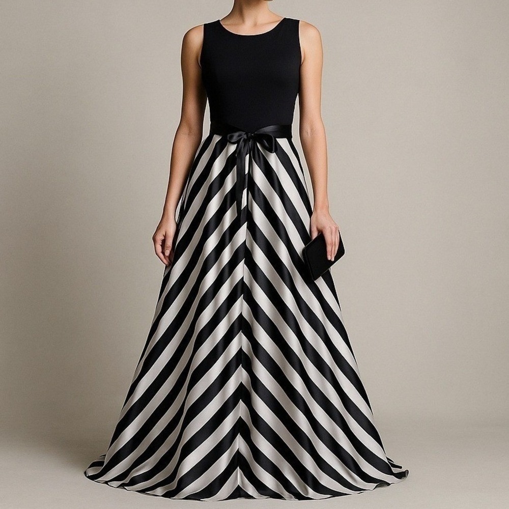 Cache Womens 2 Striped Ball Gown Evening Dress Black White Formal Gala Black Tie